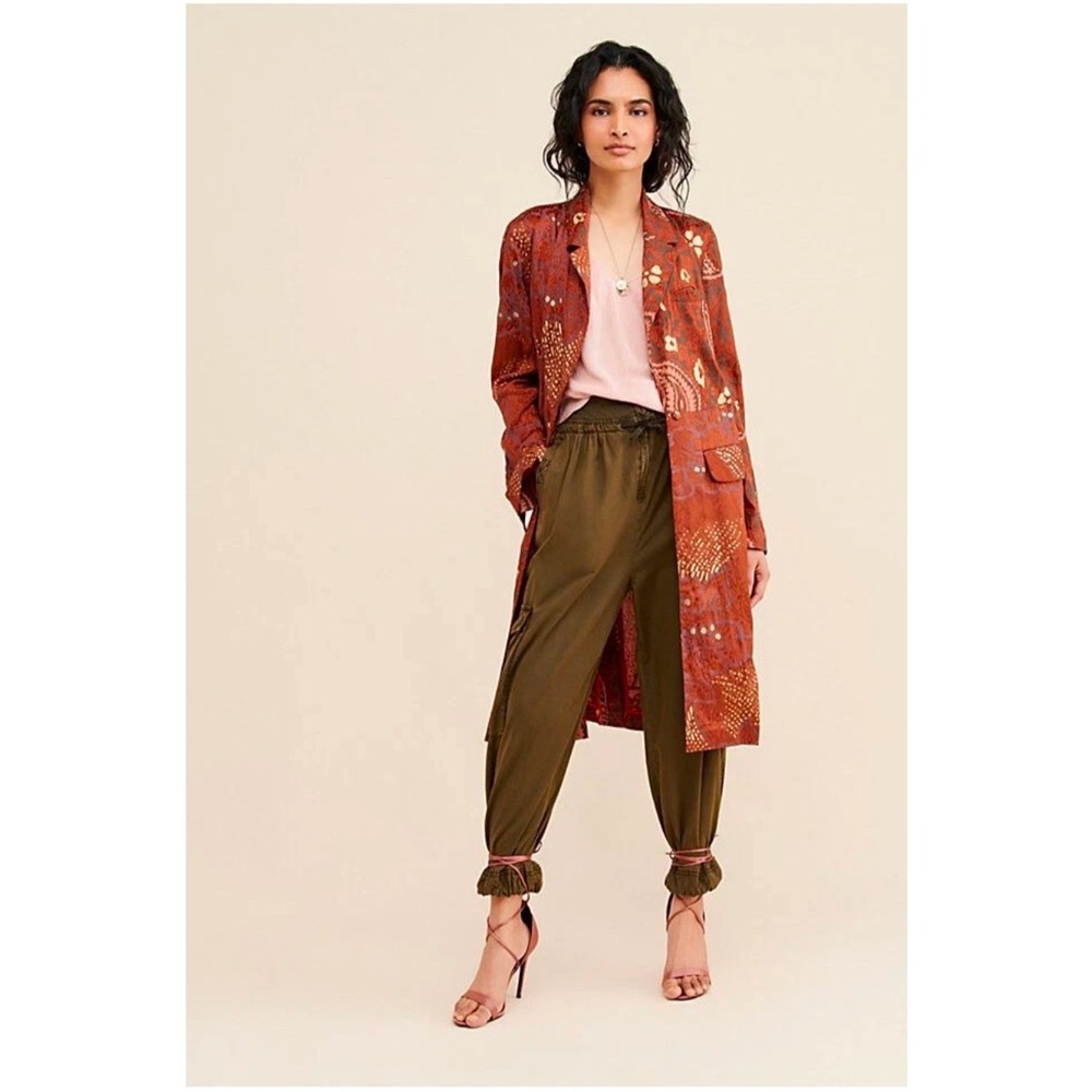 Free People Rust Orange Paisley Jacquard Duster Jacket Coat boho small oversized